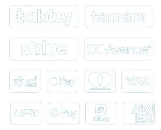 Accepted payment methods: Tabby, Tamara, Stripe, CCAvenue, Aani, Apple Pay, Mastercard, Visa, UPI, Google Pay, Alipay and American Express